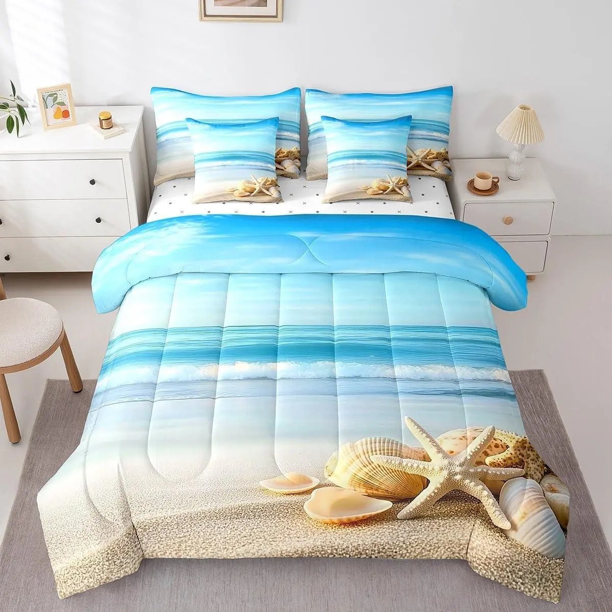 Beach Theme Comforter Set 7 Piece Starfish Seashell Conch Ocean Sea Nature Pattern Print Bedding Set Summer Holiday Vacation Bed in a Bag with Comforter,Sheets,Pillowcases & Cushion Cover