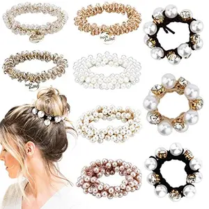 Ahoney 9Pcs Pearl Hair Ties Elastic Hair Scrunchies Hold Crystal Beads Bulk Hair Ropes Stretchy Handmade Boho Bride Bachelorette Party Hair Accessories for Women Girls (Pearl&Crystal)