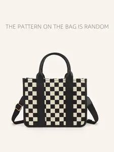 Checkerboard Pattern Tote Bag Beige Casual Trendy Purses for Women High-Quality Daily Commuting Versatile Crossbody Bag Fashionable Canvas Shoulder Bag