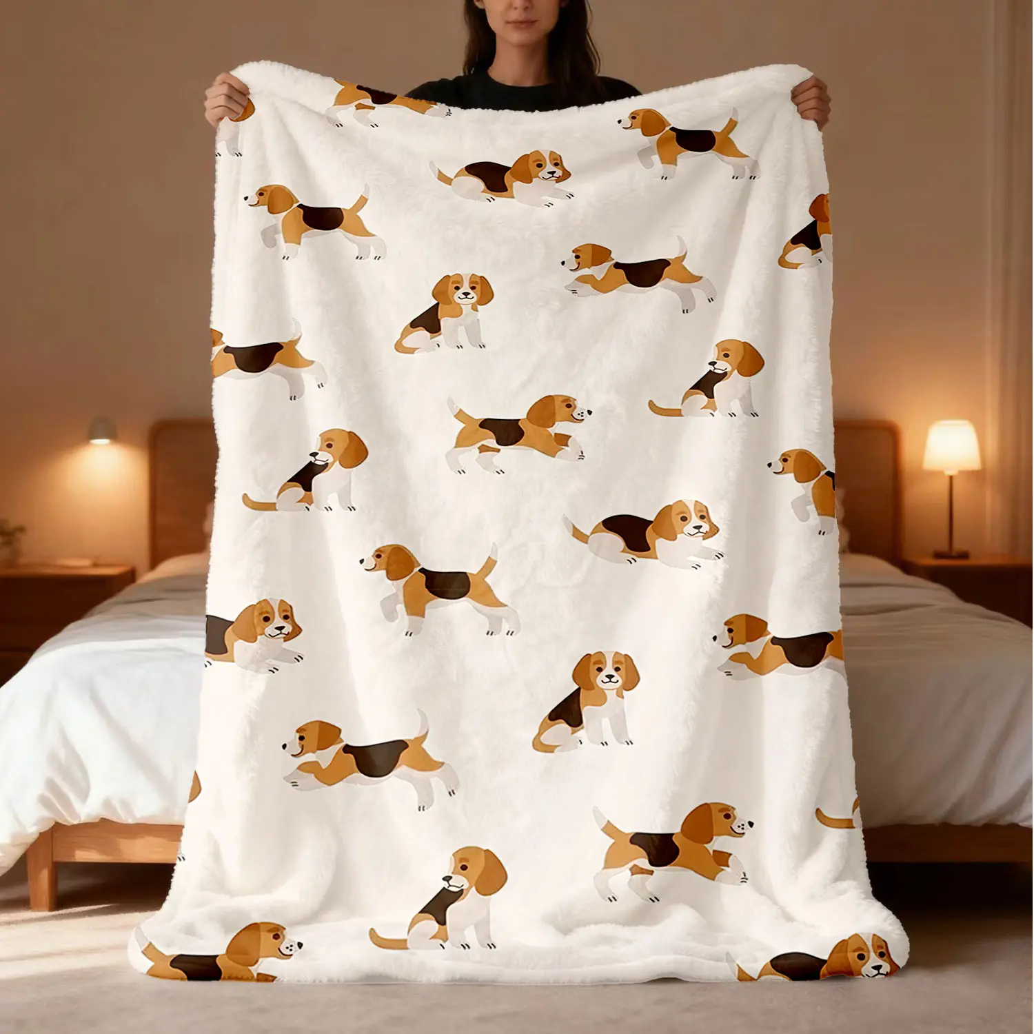 Cute Beagle Pattern Cozy Flannel Sofa Blanket - Wrinkle-Resistant, Reversible Digital Print Throw for Adults, Camping, Multi-Purpose All-Season Quilted Bedding Gift