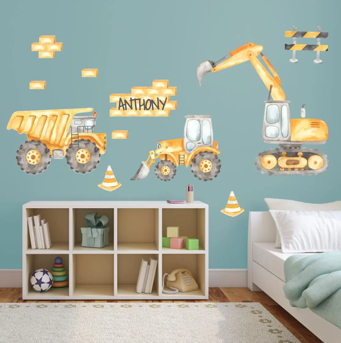 Construction Wall Decals | Bulldozer & Dump Truck | Excavator | Yellow