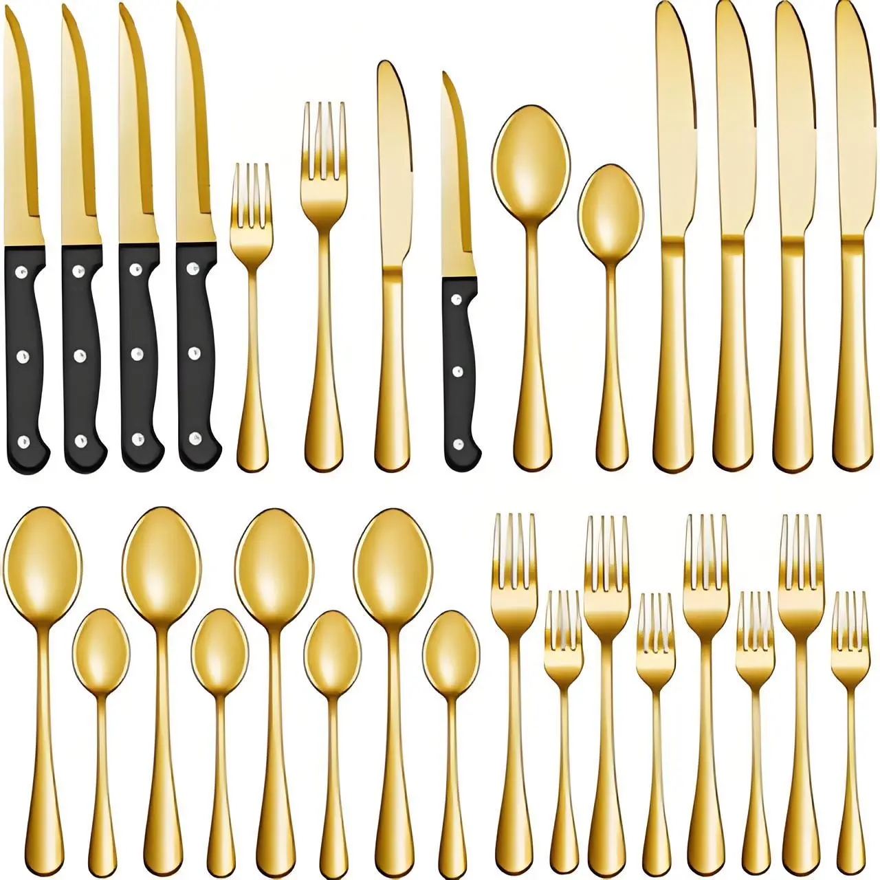 24/48 Pieces Golden Stainless Steel Silverware Sets With Steak Knives, Includes Knife Spoon And Fork Eating Utensils Set For Kitchen,Flatware Sets For Hotel And Restaurant,Dishwasher Safe Cutlery Set gold dinnerware