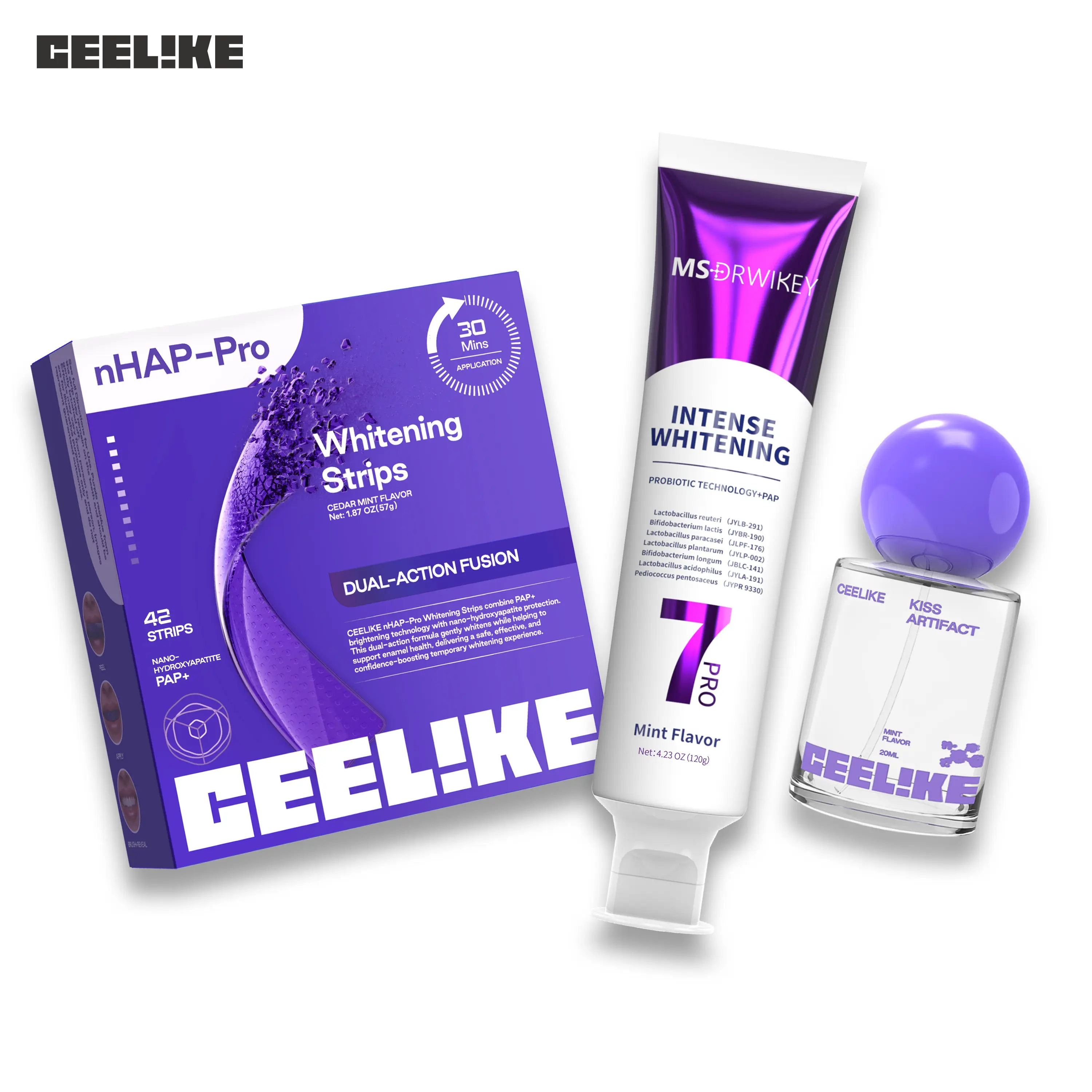 CEELIKE 7 Pro Purple Color Correcting Teeth Whitening Kit - Instantly Brightens with Toothpaste, Strips & Fruity Mint Oral Spray, Apply Strips, Brightens Teeth, Whitening Teeth Strips
