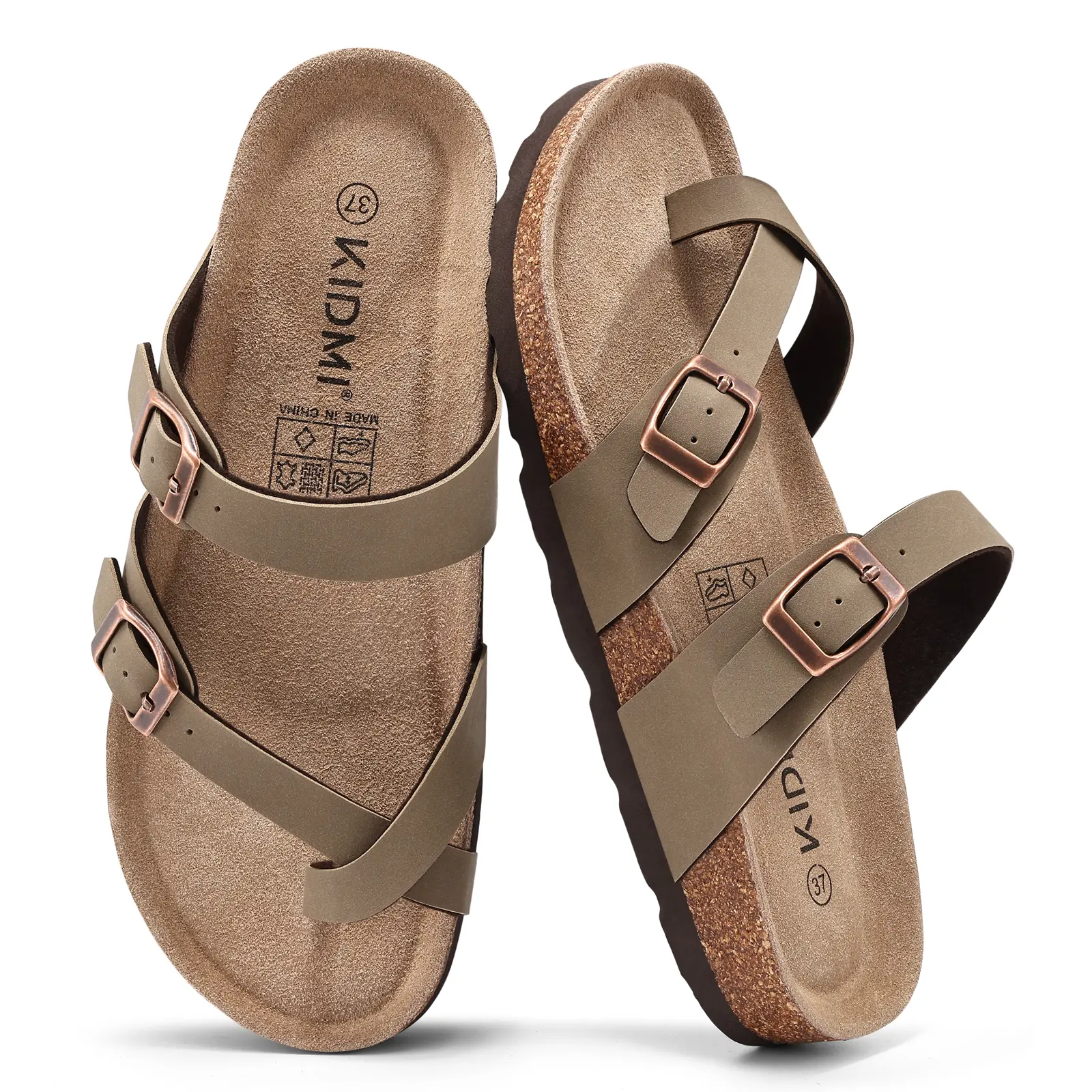KIDMI Women's Cork Footbed Sandals Summer Women's Flip Flops With Adjustable Buckle Thong Sandals Outdoor Walking Shoes Casual Beach Sandals Slip On Nonslip Shoes