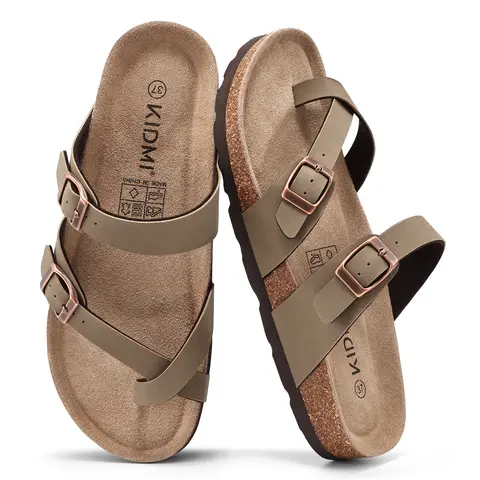 KIDMI Women's Cork Footbed Sandals Summer Women's Flip Flops With Adjustable Buckle Thong Sandals Outdoor Walking Shoes Casual Beach Sandals Slip On Nonslip Shoes