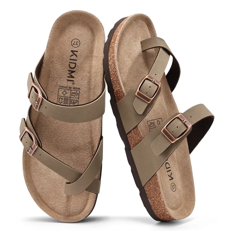 KIDMI Women's Cork Footbed Sandals Summer Women's Flip Flops With Adjustable Buckle Thong Sandals Outdoor Walking Shoes Casual Beach Sandals Slip On Nonslip Shoes
