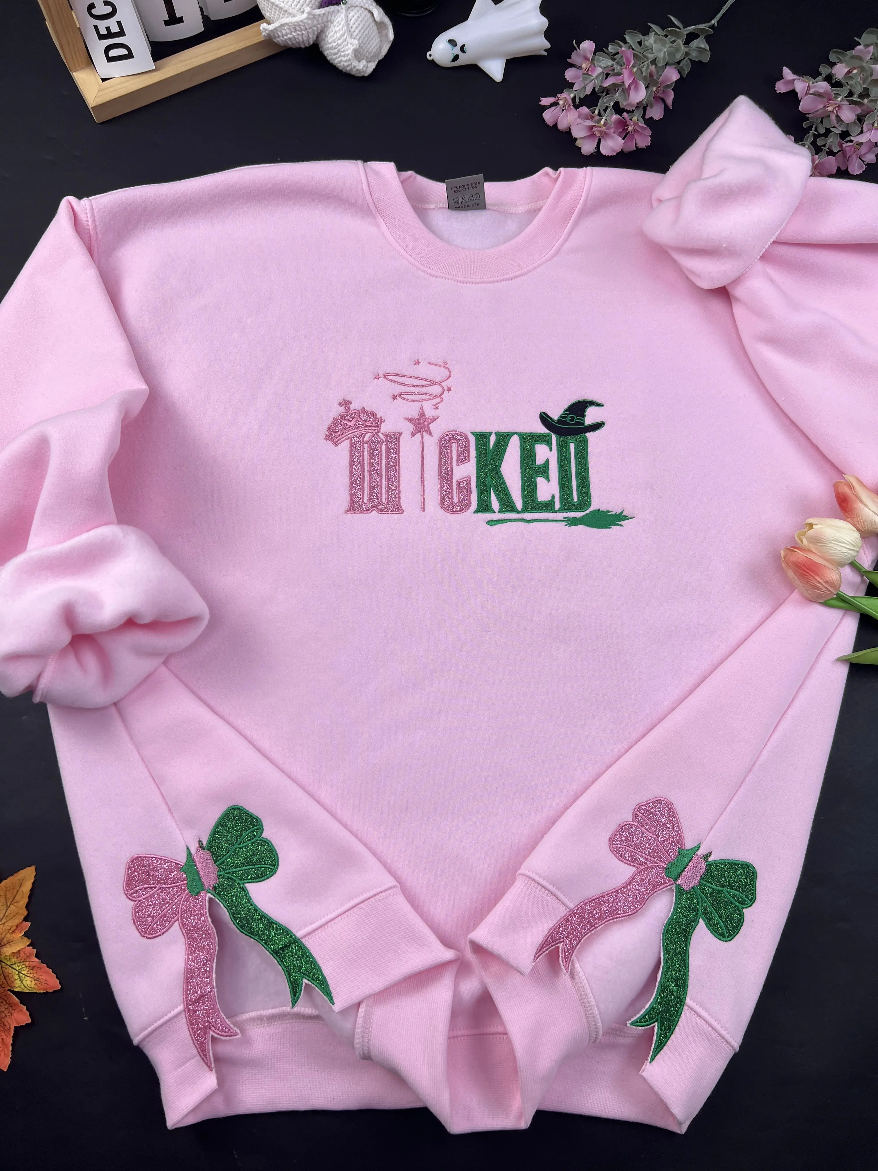 Embroidered Wicked Gliter Color Sweatshirt Hoodie with Side Bow, Applique Embroidered Sweatshirt for Women - Comfort, Soft