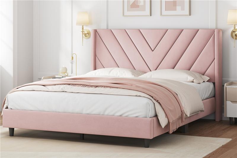 【Valentine Gift】Yaheetech Upholstered Bed Frame Full/Queen with Wooden Slat Support, No Box Spring Needed, Durable Construction, Easy Assembly Diamond Tufted Headboard