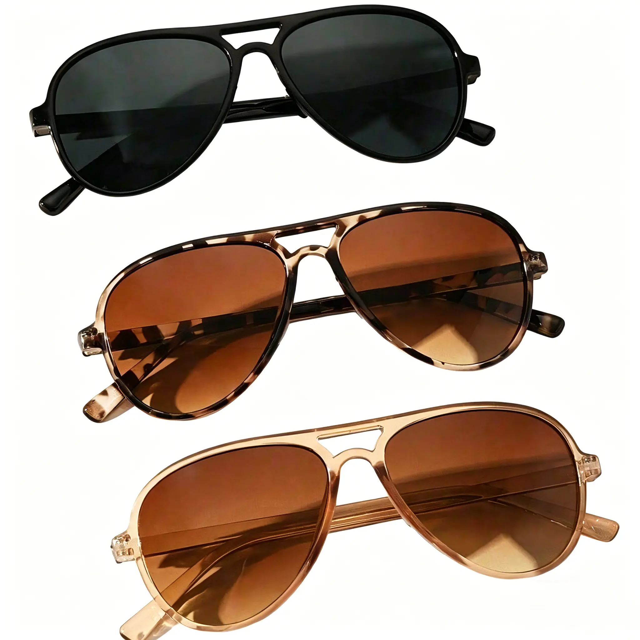 3-Pack Retro Aviator Sunglasses for Women & Men, Lightweight Double Bridge Polycarbonate Frame, Gradient Tinted Resin Semi Rimless Lenses, UV Protection for Driving & Travel, Matte Black