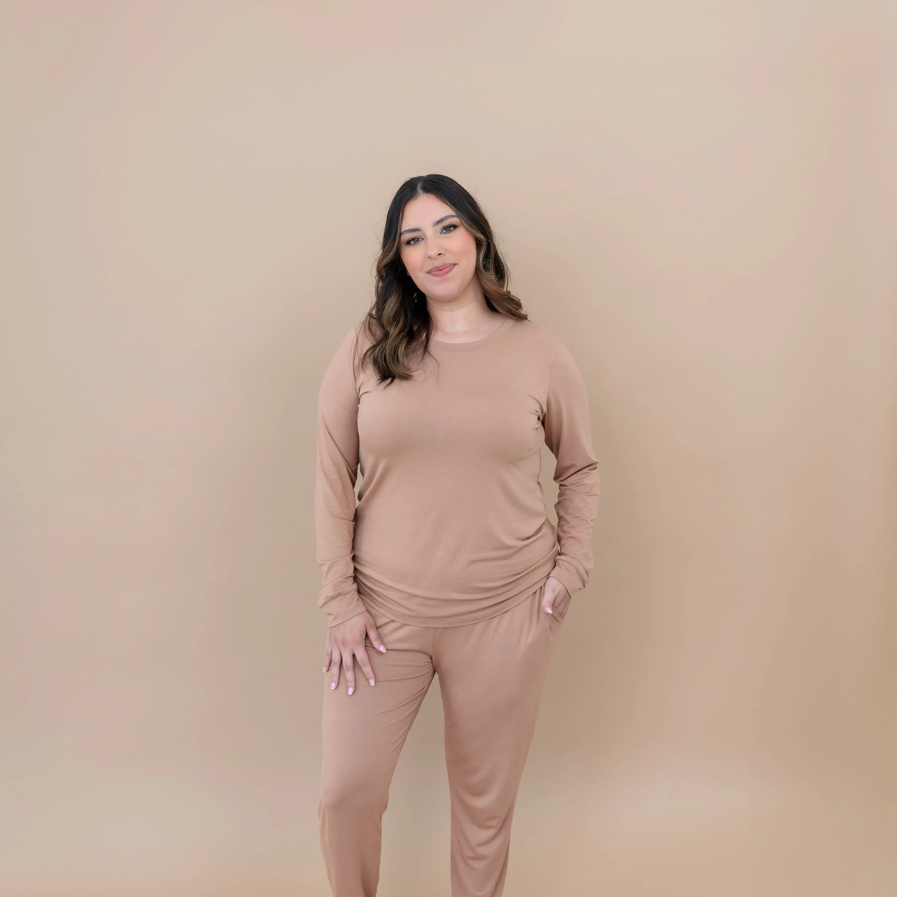 Women's Long Sleeve Spandex-Rayon Breathable Jogger Pajama Set, Latte Loungewear, Elastic, Casual, Fabric, Jogger Pants, Bamboo Blend