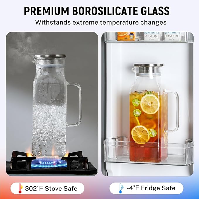 2-piece Set 2L/68oz Small Square Glass Jug With Lid And Handle, Suitable For Refrigerator, Iced Tea And Coffee Water Bottle Storage Containers, Heat And Cold Resistant Borosilicate Water Jug