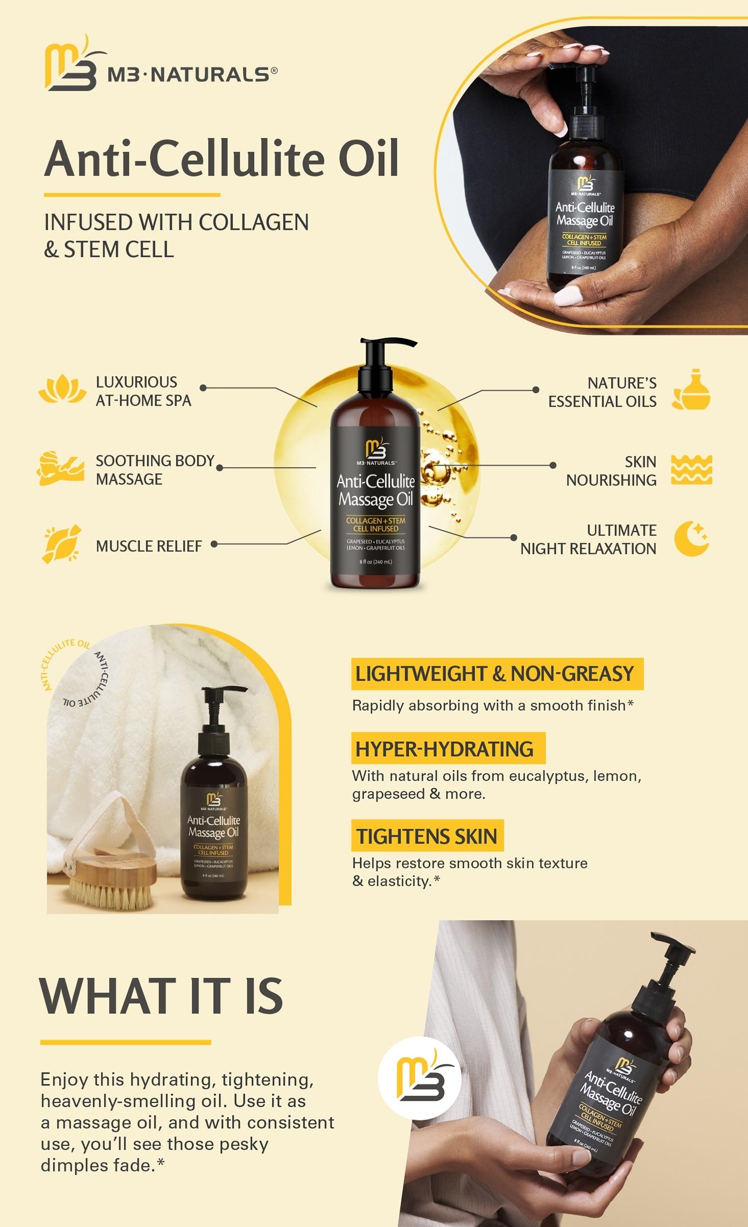 M3 Naturals Cellulite Massage Oil 8oz - Smooth the Appearance of Cellulite - Body Care & Skin Care Massage Oil - Topical Collagen and Plant Stem Cell Body Oil to Restore Texture and Elasticity - Soothing Body Oil M3 Naturals Cellulite Massage Oil 8oz - Smooth the Appearance of Cellulite - Body Care & Skin Care Massage Oil - Topical Collagen and Plant Stem Cell Body Oil to Restore Texture and Elasticity - Soothing Body Oil