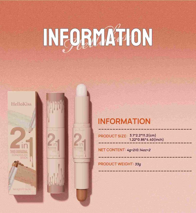 2-IN-1 Dual-End Highlight & Contour Stick, Three-Dimensional Shaping, Easy to Use & Portable, Brightens & Defines, Waterproof & Easy to Remove, Long-lasting, Smooth Creamy Blendable Formula, Natural Buildable Coverage, For All Skin Types