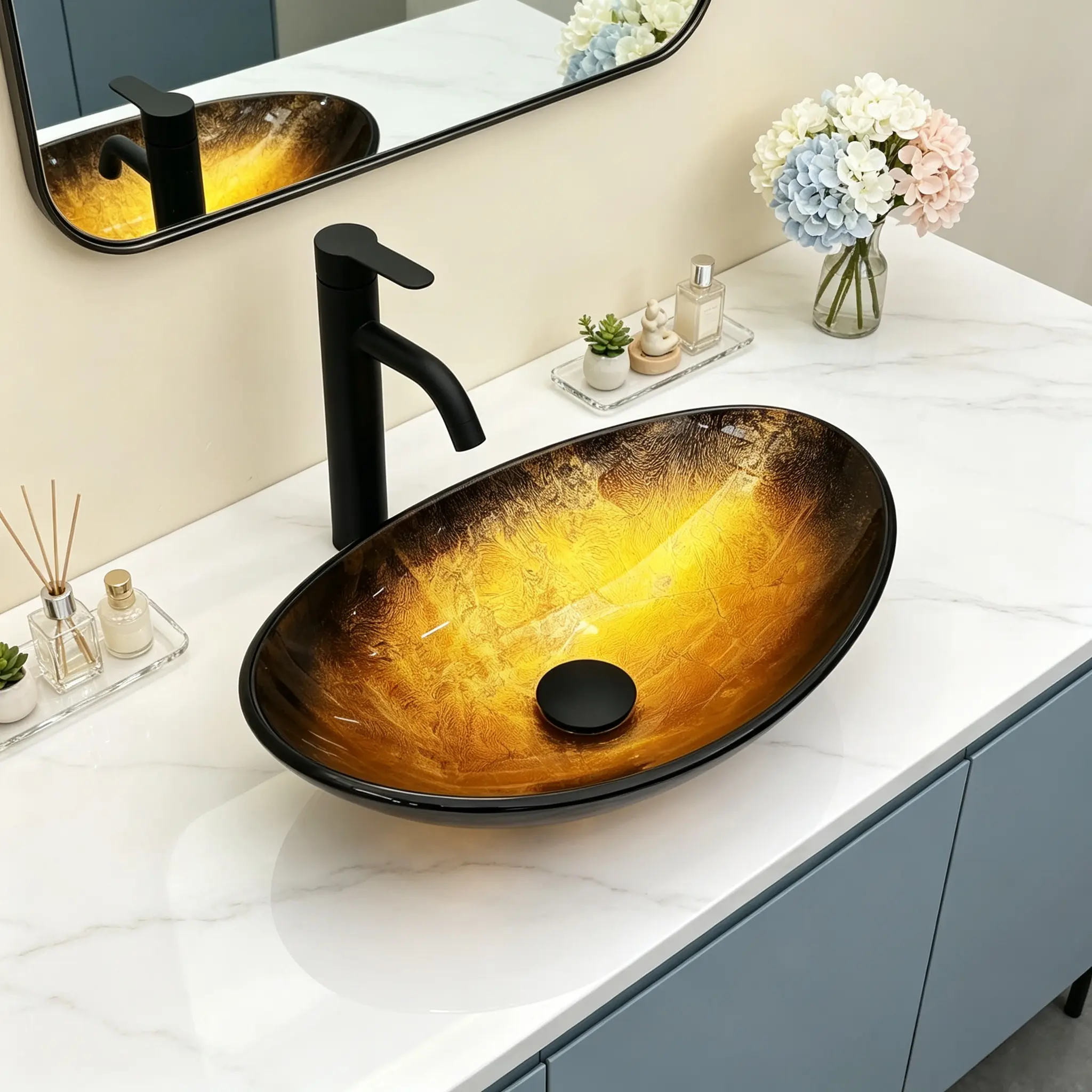 Logmey 18" Modern Art Tempered Glass Bathroom Vessel Sink, Oval Bowl with Stunning Yellow Gradient, Vanity Countertop Basin with Fast Draining Black Pop-Up Drain Set for Home Improvement, Artistic Glow