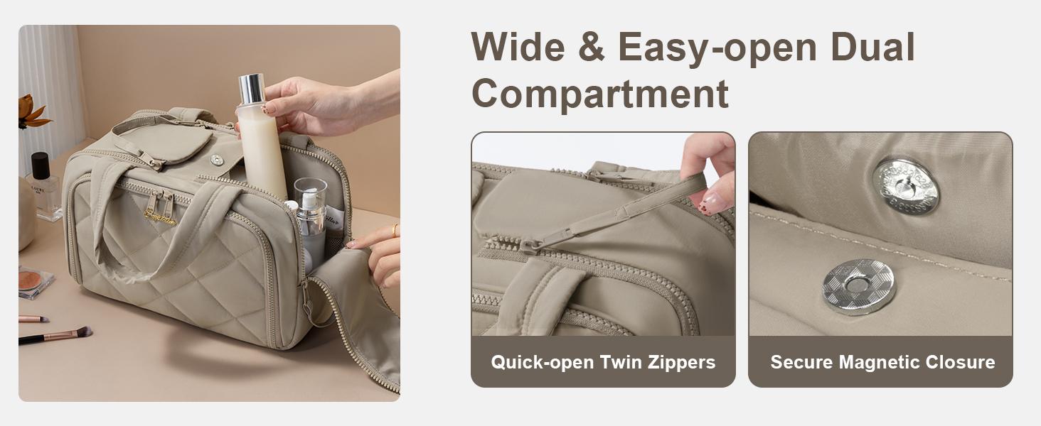 Bagstellar Wide-open Large Toiletry Bag, Lightweight Puffy Travel Bag for Women, Quilted Makeup Bag Organizer Water-resistant Cosmetic Bag with Handle for Toiletries, Essentials, Accessories