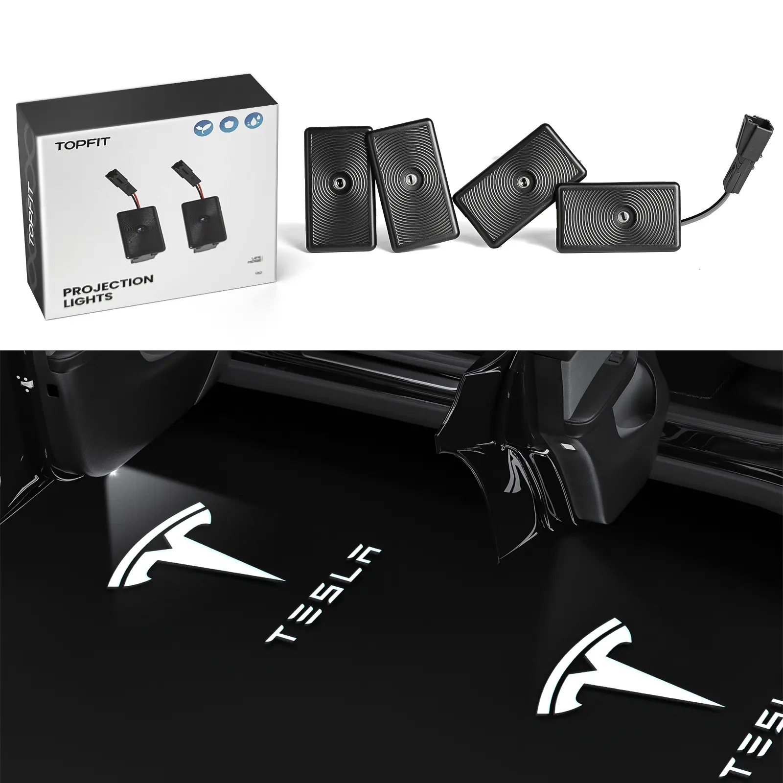 Topfit Tesla Logo LED Projector LED Car Lights  Car Side Lamp for Model 3 X S Y with 4pcs Super Bright Beads Multiple Uses Easy Install