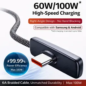 Right Angle PD100W USB-C Cable Fast Charging PD PPS 60W/240W 6A Braided Cord 45W USB C to USB C for iPhone15/16/17 Pro Max Samsung Android Phones Tablets Laptops 90 Degree No Hand Blocking