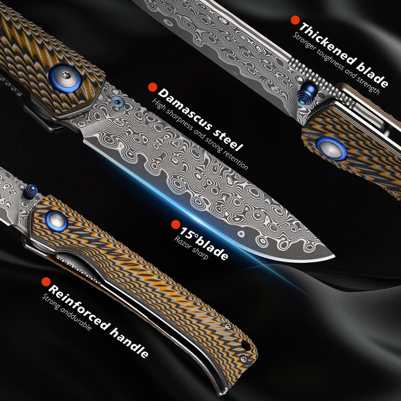 A two-tone G10 Winged Dart folding knife featuring a large Damascus-forged blade—sharp for cutting, portable and durable—ideal for outdoor camping, barbecues, and fishing; collectible grade, an ideal choice for outdoor enthusiasts and as a holiday gift.