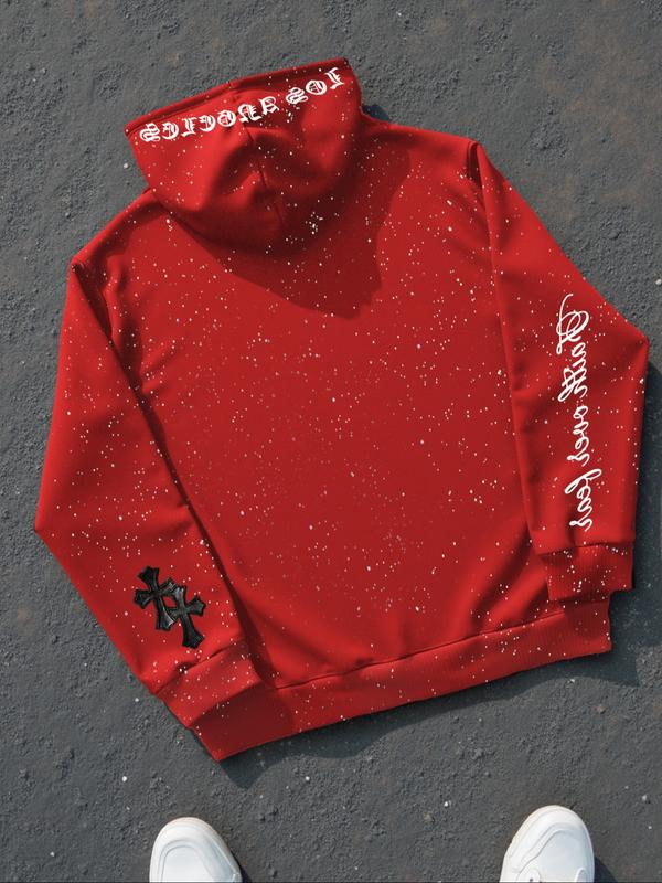 Men's Fleece Hoodie Sweatshirt, Gothic Cross Element, Star Dye Craft, Kangaroo Pocket, Casual Loose Fit Drawstring Pullover, Fall & Winter