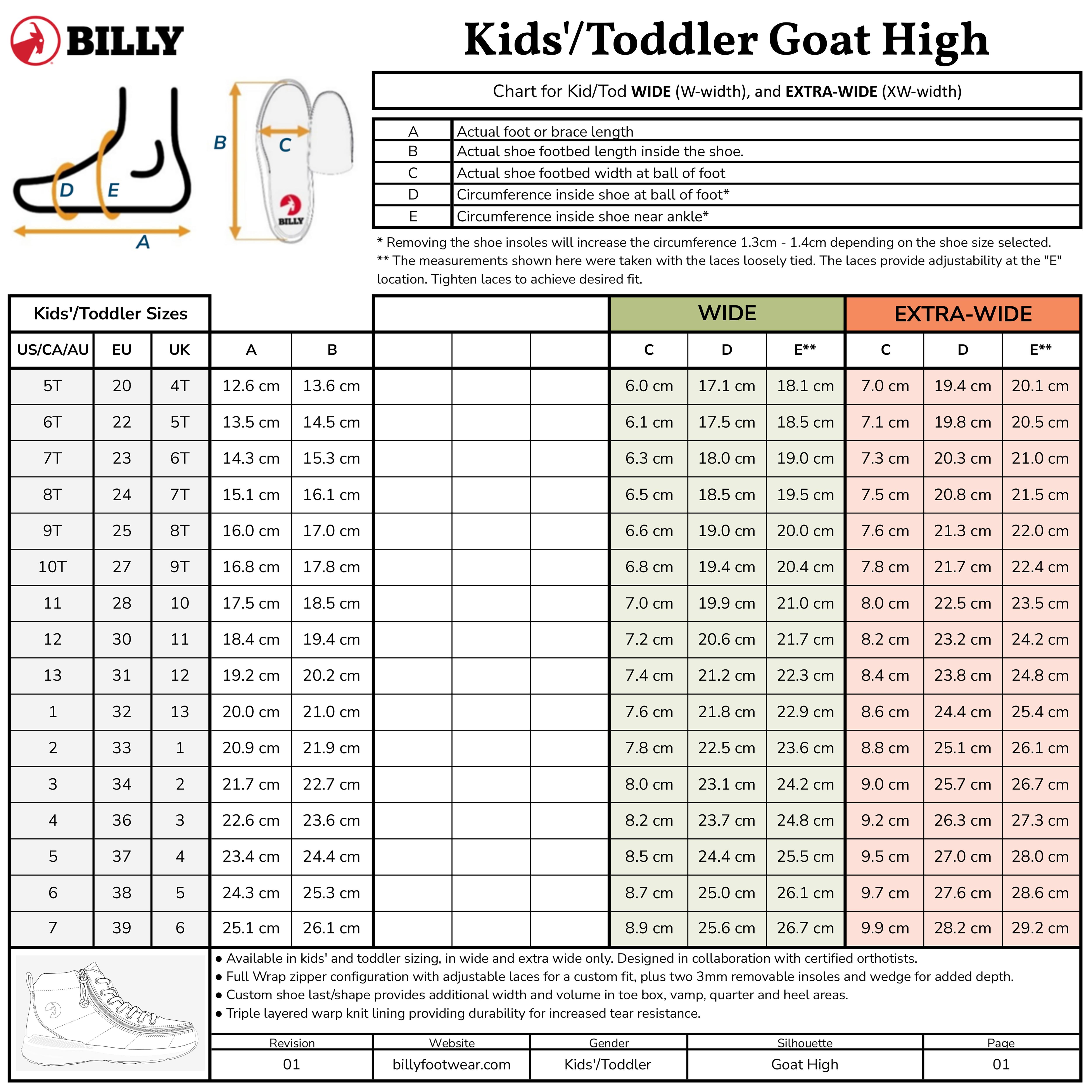 Kids'/Toddler BILLY Goat Classic High Top AFO-Friendly Shoes