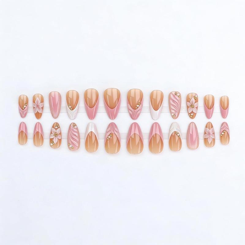 24PCS French Tip Press On Nails Medium Almond Pink Fake Nails with Embossed Flower Gold Beads Rhinestones Glue On False Nails Kit for Women Manicure
