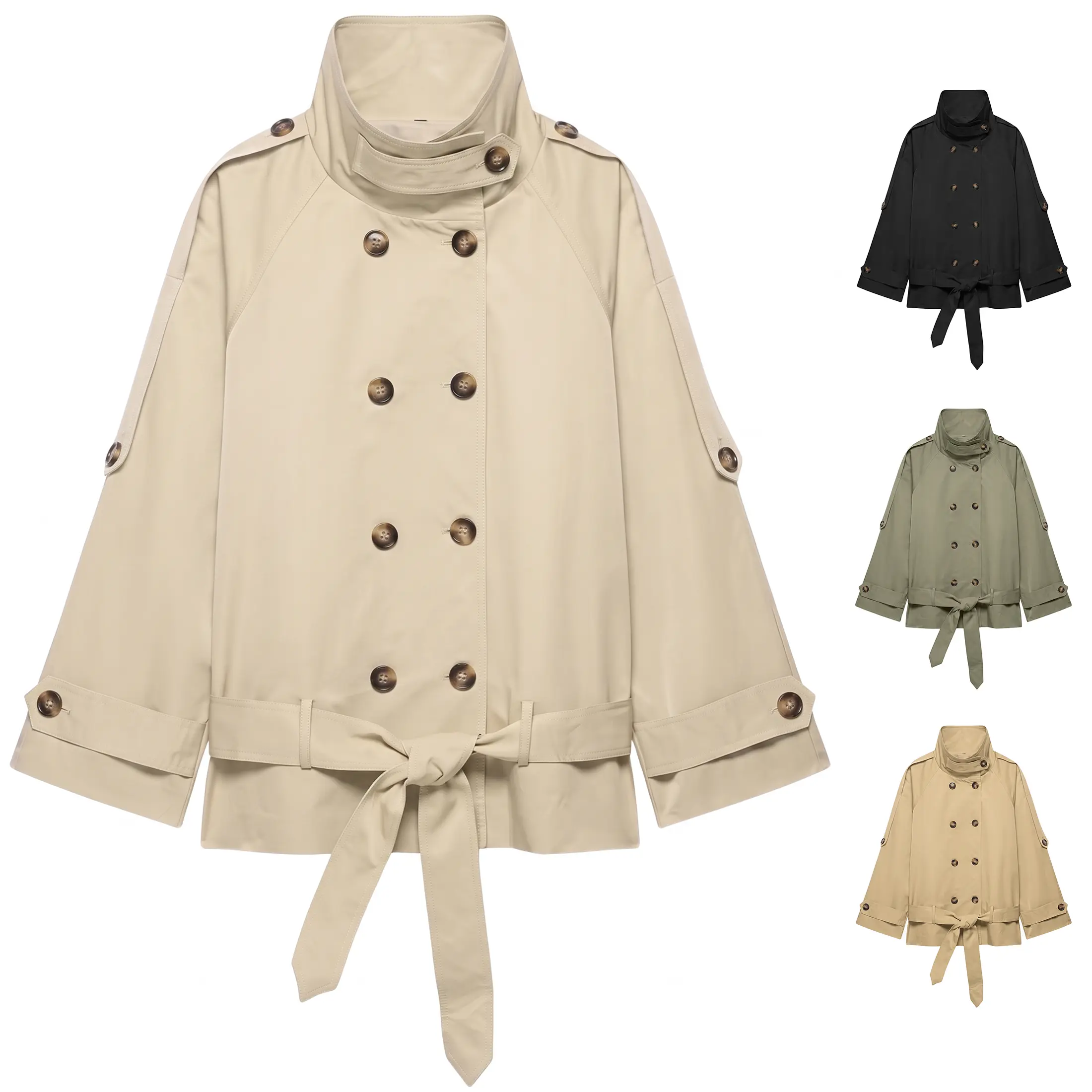 Mibbory Women's High Neck Double-Breasted Funnel Collar Trench Coat - Long Sleeves, Windproof, Lightweight, Adjustable Belt, Pockets, Polyester, Plain Tops for Fall Winter Work/Going Out 2026 Trendy Outerwear