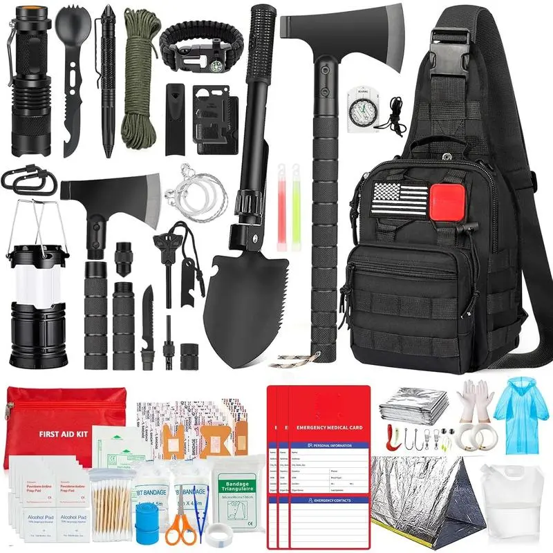 Survival Kit, 262Pcs Survival Gear and Supplies with First Aid Kit Pouch and Crossbody Bag, Emergency Kit with Tent, Camping Axe Hammer, Survival Shovel w/Pick, Bug Out Bag Gifts for Men Women Large Capacity Tactical Backpack outdoor tactical bag backpack