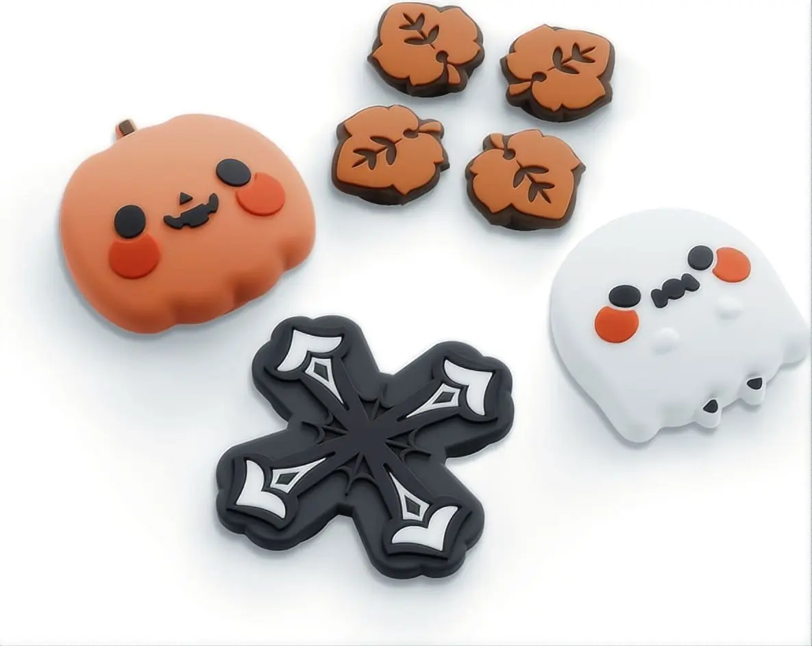 GeekShare Cute Silicone Pumpkin Ghost Console Accessories Set - Soft Touch Grip Joystick Covers, ABXY Key Button Stickers, Stick Dirt Blocker for Nintendo Switch/OLED Joy-Con Halloween Use, Cute Accessories