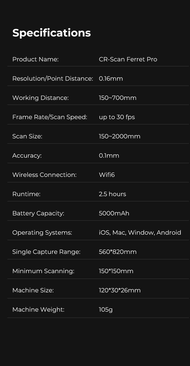 Creality CR-Scan Ferret Pro 3D Scanner with 0.1mm Accuracy, WiFi 6, Anti-Shake 3D Imaging, 24-Bit Color, Scan Black/Metal, Portable, Low Power