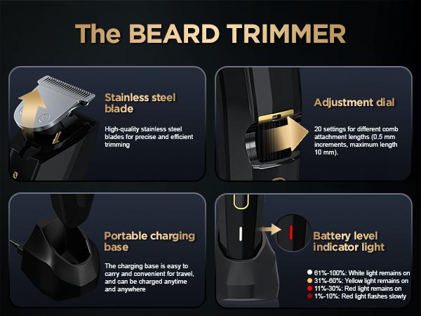 OLOV-X The Beard Hedger Premium Men's Beard Trimmer,20-Long Adjustable Blade Wheel, Stainless Steel T-Blades for Precise Trimming of Facial Hair, Cordless Waterproof Wet/Dry Hair Clipper