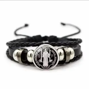 Pulsera trenzada con medalla de san Benito, pulsera ajustable con cordón de cuero múlticapa y cuencas para hombre y mujer