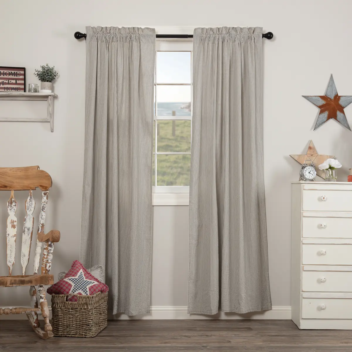 Cotton Seersucker Blue Ticking Stripe Home Decorative Window Curtains, Light Filtering 2-Panel Curtain Set, Home Decorative Curtain, Two Panels