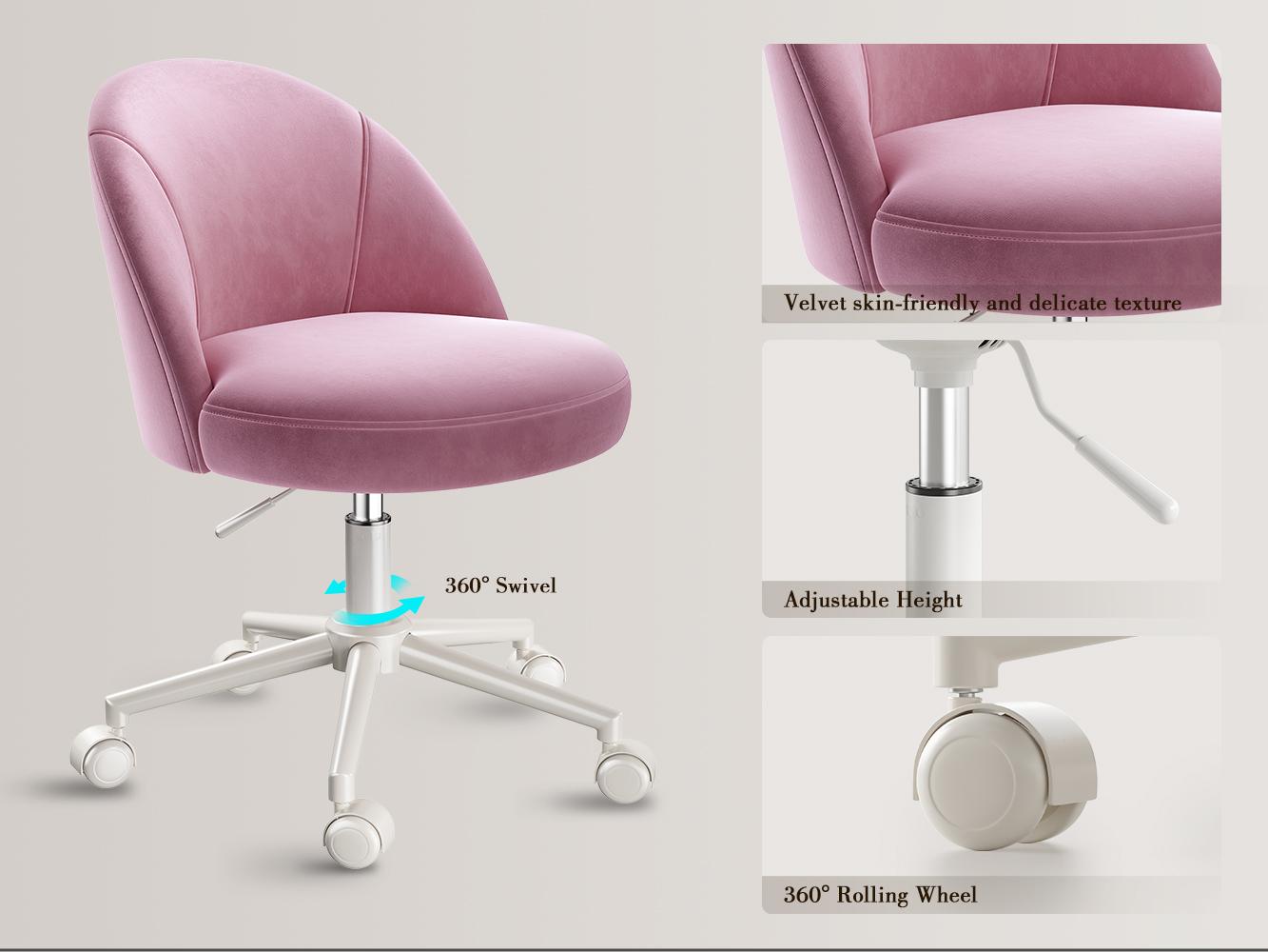 RaybeeFurniture Vanity Chair,Velvet Desk Chair Comfy with Adjustable Rolling Swivel,Armless Desk Chair with Comfortable Lumbar Support, Cute Office Chair for Home Office,Bedroom,White