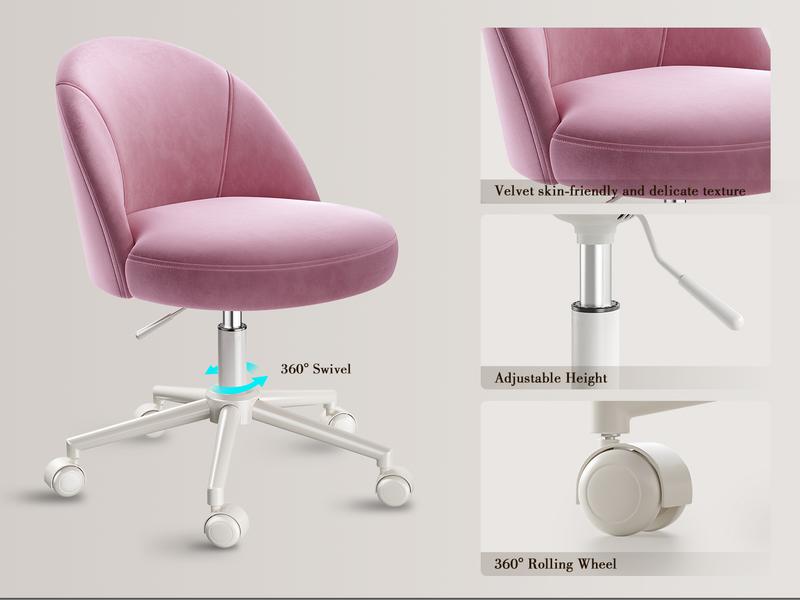RaybeeFurniture Vanity Chair,Velvet Desk Chair Comfy with Adjustable Rolling Swivel,Armless Desk Chair with Comfortable Lumbar Support, Cute Office Chair for Home Office,Bedroom,White RaybeeFurniture Vanity Chair,Velvet Desk Chair Comfy with Adjustable Rolling Swivel,Armless Desk Chair with Comfortable Lumbar Support, Cute Office Chair for Home Office,Bedroom,White