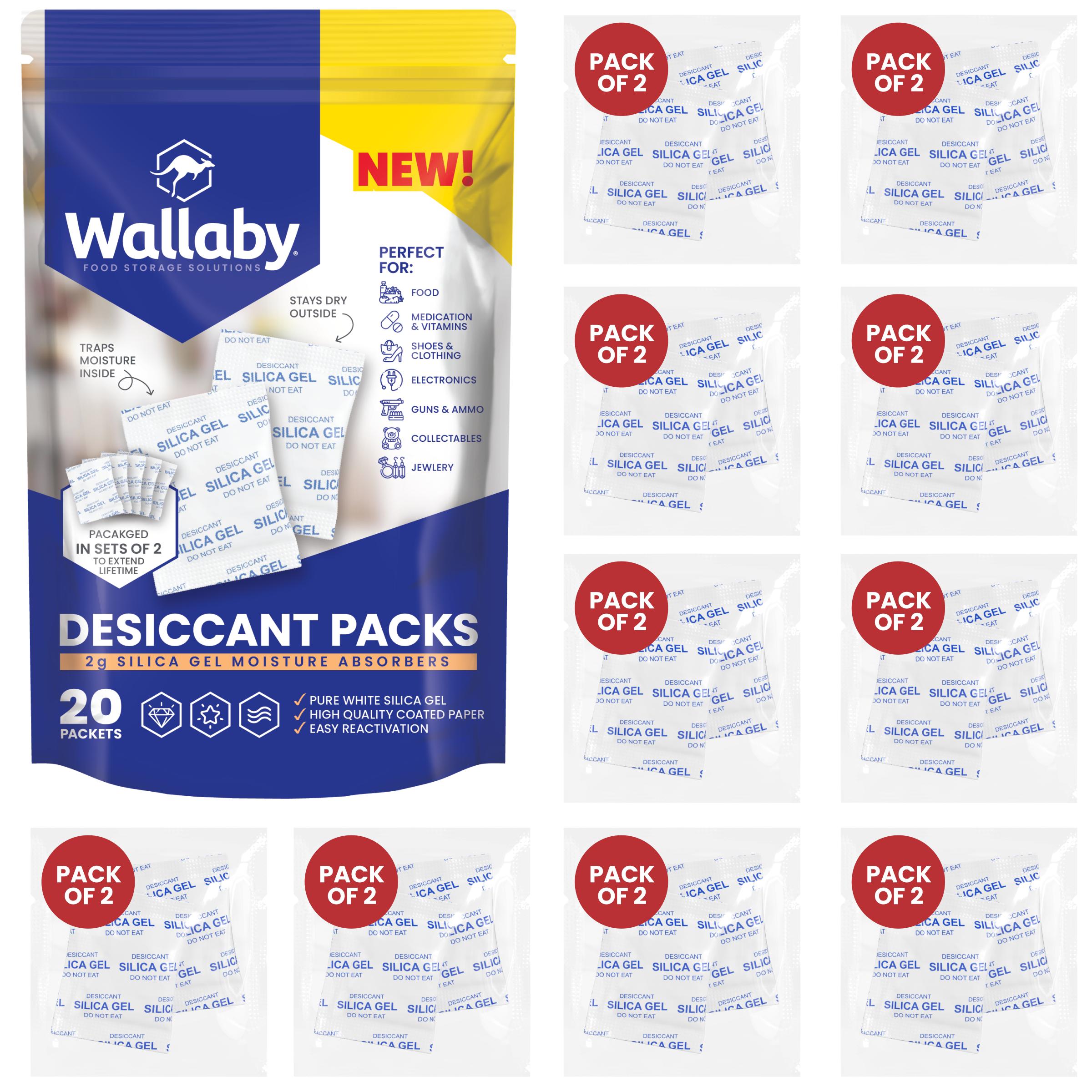 Wallaby 5 gram Silica Gel Desiccant Dehumidifier Packs (20 count) Food Safe Pure White - Rechargeable Moisture Absorbers Wallaby 5 gram Silica Gel Desiccant Dehumidifier Packs (20 count) Food Safe Pure White - Rechargeable Moisture Absorbers