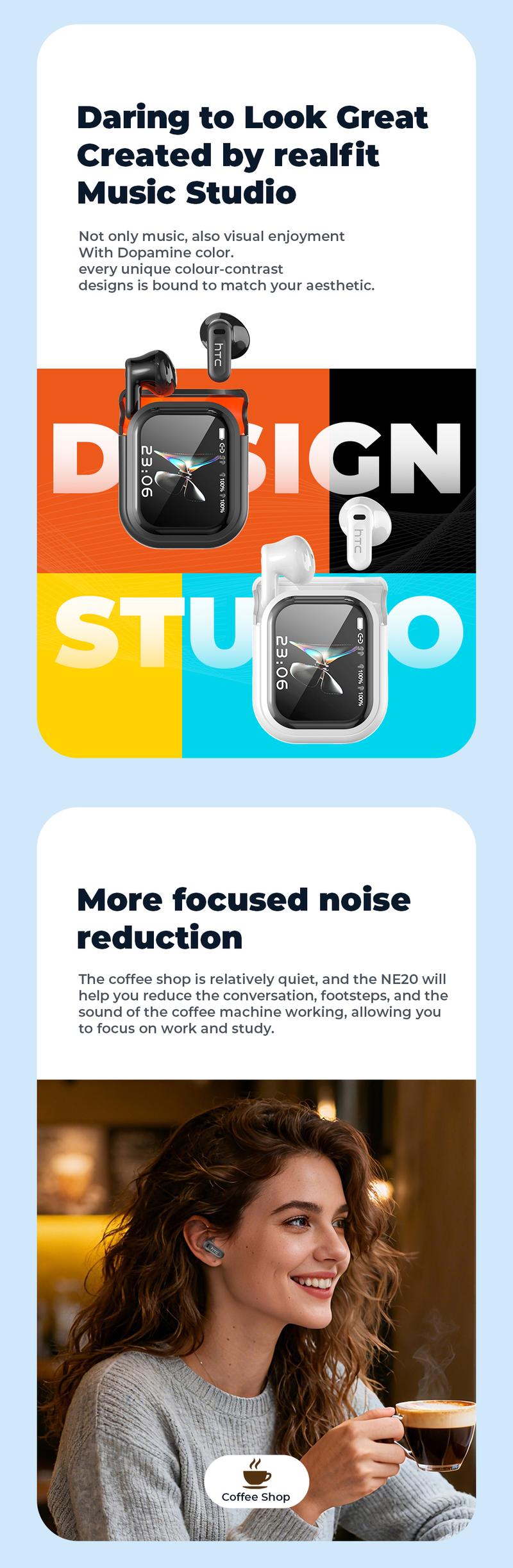 hTC NE20 Wireless Earbuds, TWS Bluetooth 6.0 Headphones, Touch Control LCD Full Color Display Screen Ear Buds, Wireless Earphones with Mic