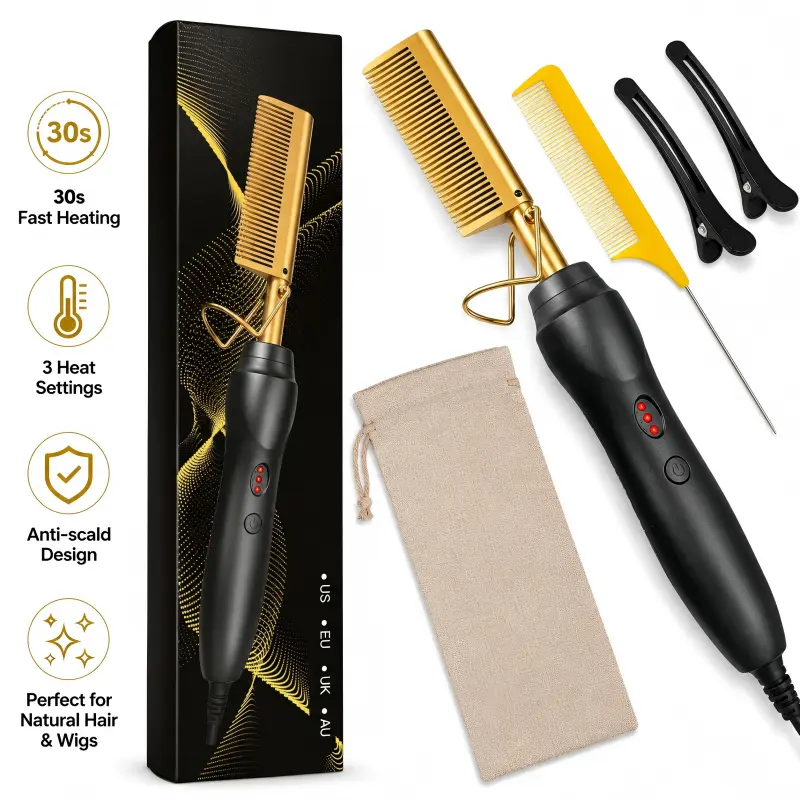 Hair Straightening Comb,Electric Hot Comb Hair Straightener for Natural Hair | Fast Heat Silk Press Comb for Black Hair & Wigs