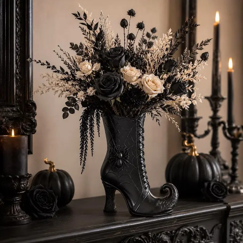 3D Traditional Witch Boot Resin Vase - Gothic Halloween Tabletop Flower Planter, Spooky Sculpture for Home Improvement, Garden Decor, Home Decor Items