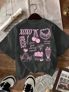 Oversized "XOXO Cherry" Y2K Graphic Tee - 2026 Trending Streetwear, Vintage Wash Fabric Perfect for Daily Outings & Music Festivals, Bold Pink Doodle Print That Stands Out, Versatile Relaxed Fit