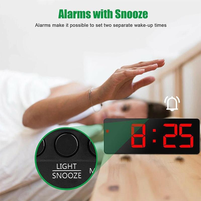 Mini Size Mirror LED Clock Simplicity Colorful Alarm Clocks Ultra Portable Travel Bedroom Bedside Clock 12/24H Display 6.3inches Large Display LED Digital Snooze Time Date Temperature Memory 3 Brightness Adjustable USB/Battery Powered Living Office Desk