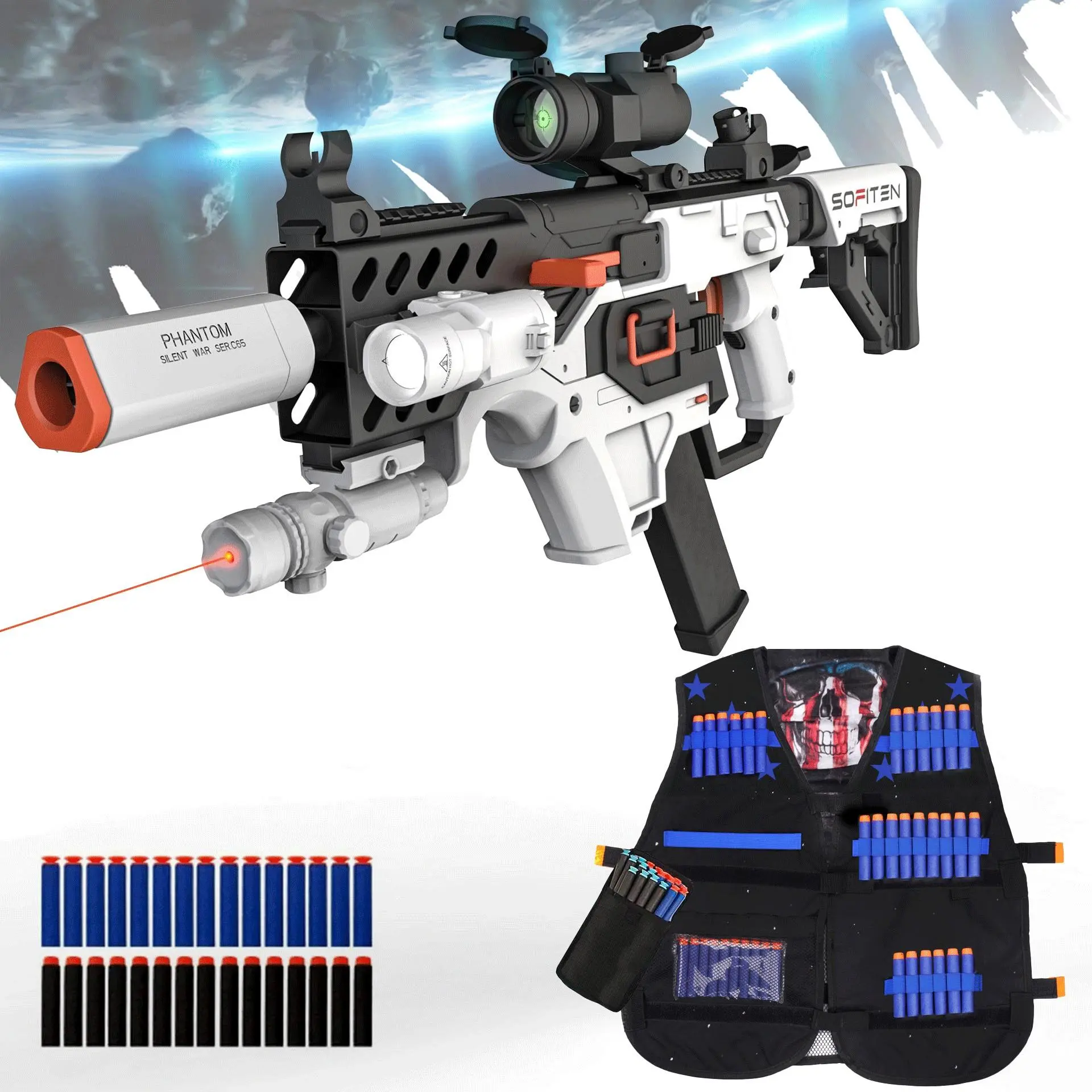 SOFITEN VIKTOR X,Toy Sniper Rifle with Tactical Vest, Safe Toy gun set with 120+ darts, Infrared flashlight, Foldable stock, Ideal for 8+ boys girl, birthday Gift, party, outdoorfun, Practice Toy, Summertoy