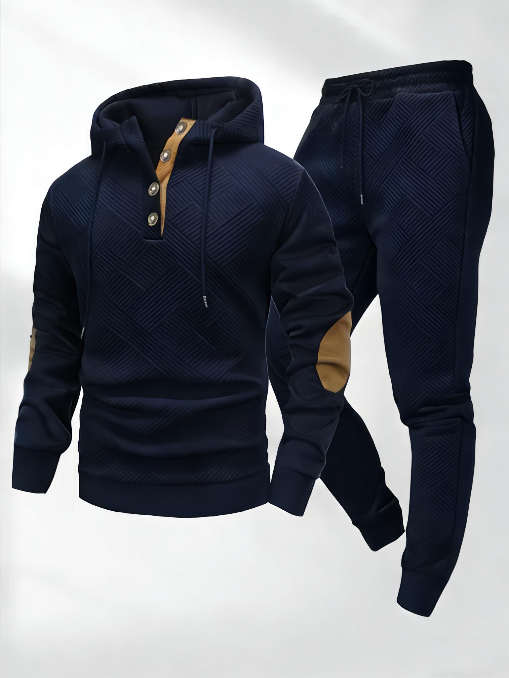 Men's Two-Piece Casual Fashion Set Knitted Jacquard Sports Hoodie with Pants