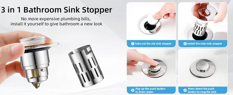 Bathroom Sink Drain Stopper, Universal Pop Up Drain for Bathroom Sink Replacement, Sink Drain Cover with Anti-Clogging Filter Basket Hair Catcher, Sink Drain Strainer for 1.1-1.45 Inch