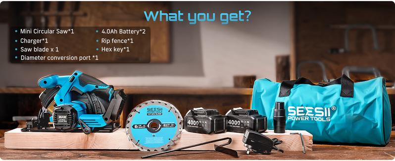 SeeSii MAX Circular Saw 6-1/2“, with Light, Laser Guide, Rechargeable, Includes 2x4Ah Batteries and Auxiliary Handle, 5200 RPM, 0-45° Bevel Angle, Portable with Adjustable Depth Circular Saw for Outdoor Work, Home DIY, and Professional Use CS610B