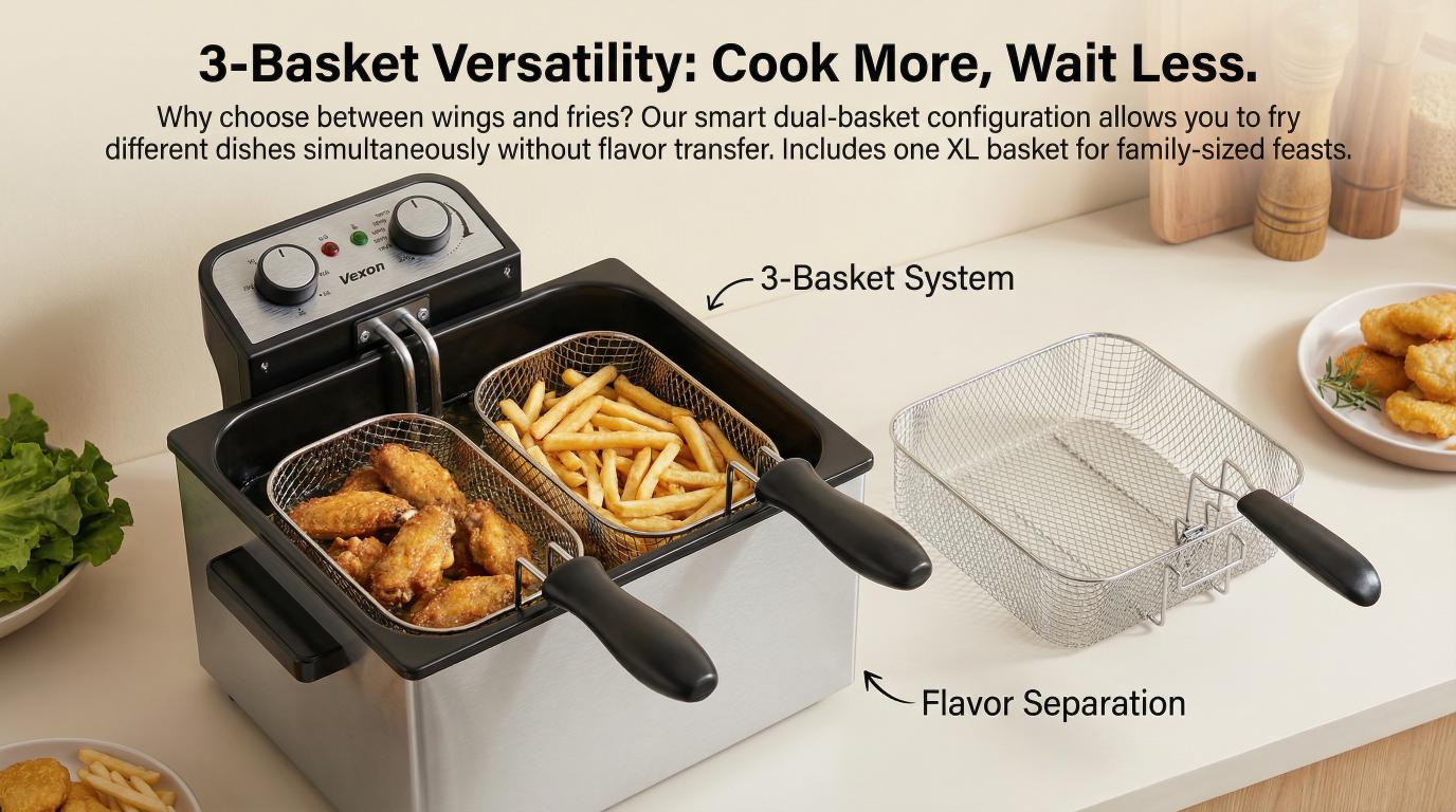 VEXON 5L Extra Large Deep Fryer with 3 Baskets – Family-Size 1800W High-Heat Frying, 21-Cup Capacity, Easy Clean, Perfect Gift for Home Cooking & Family Meals