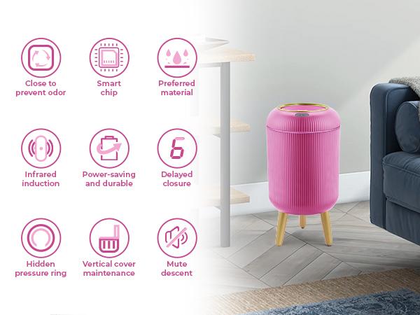 Pukomc Smart Induction Waterproof Trash Can - Multi-Functional, Eco-Friendly, Automatic, Durable Plastic for Bathroom, Bedroom, Office Use, Pink