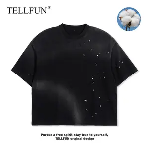 Vintage Washed Paint Splatter T-Shirt Heavyweight Cotton Tee Y2K Streetwear Gym Casual Outfit baggy tshirt