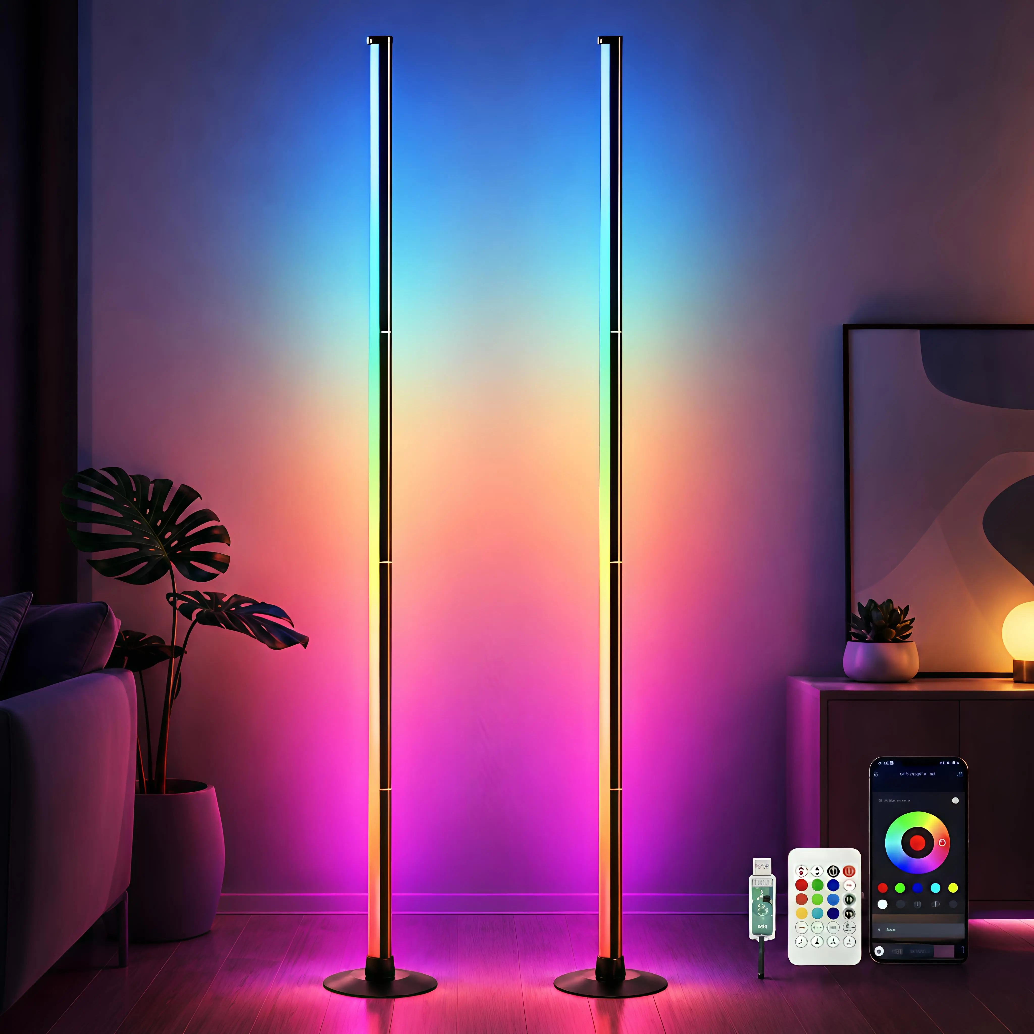 Smart RGB LED Corner Floor Lamp with App & Remote Control, 16M Colors, 68+ Scenes, Music Sync, Timer Setting, Adjustable RGB Lighting for Bedrooms, Gaming Rooms, Modern Mood Lighting