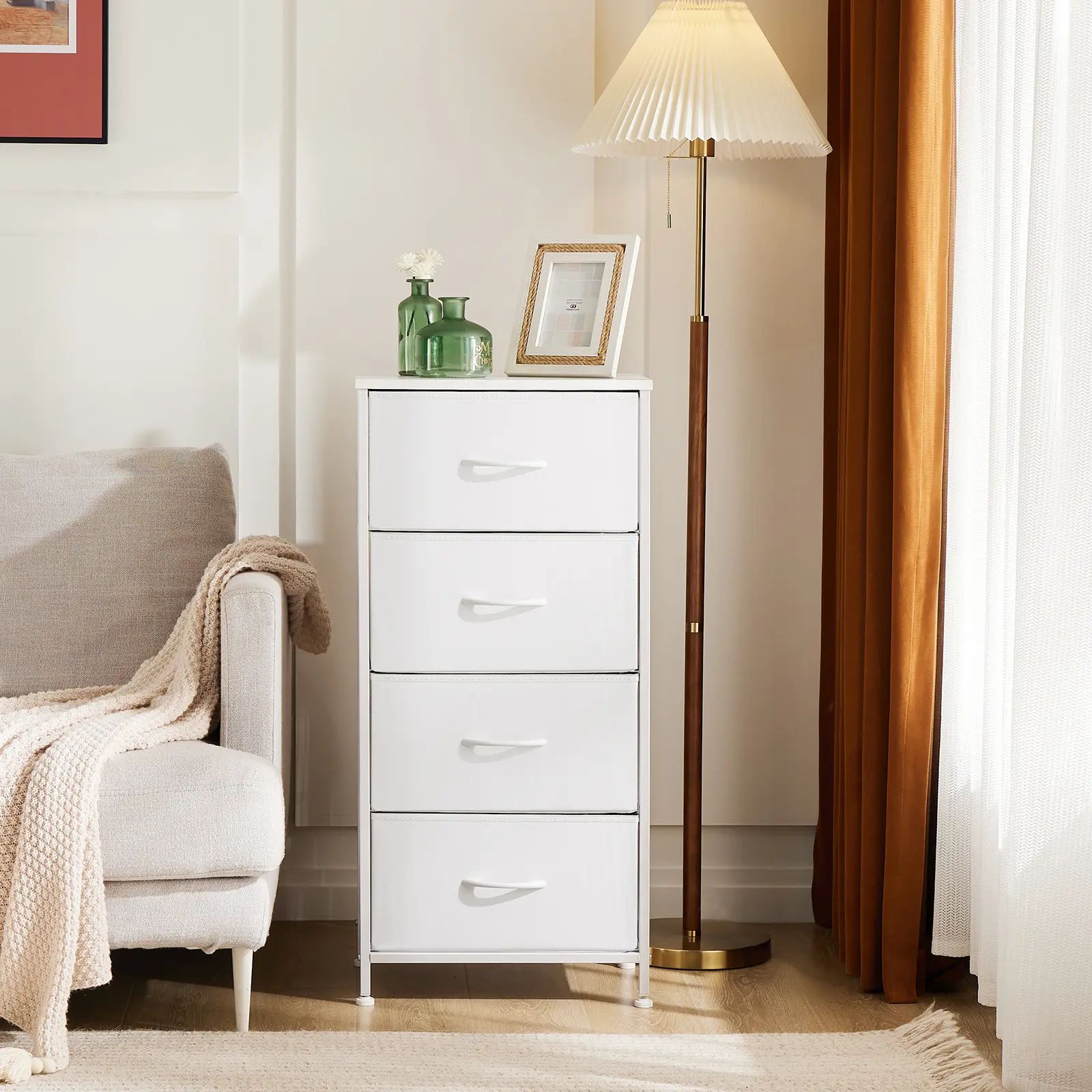 Dresser for Bedroom, Storage Drawers, Skinny Fabric Storage Tower with 4 Drawers, Space Saving Dresser, Smooth Gliding Drawers Modern Cupboards