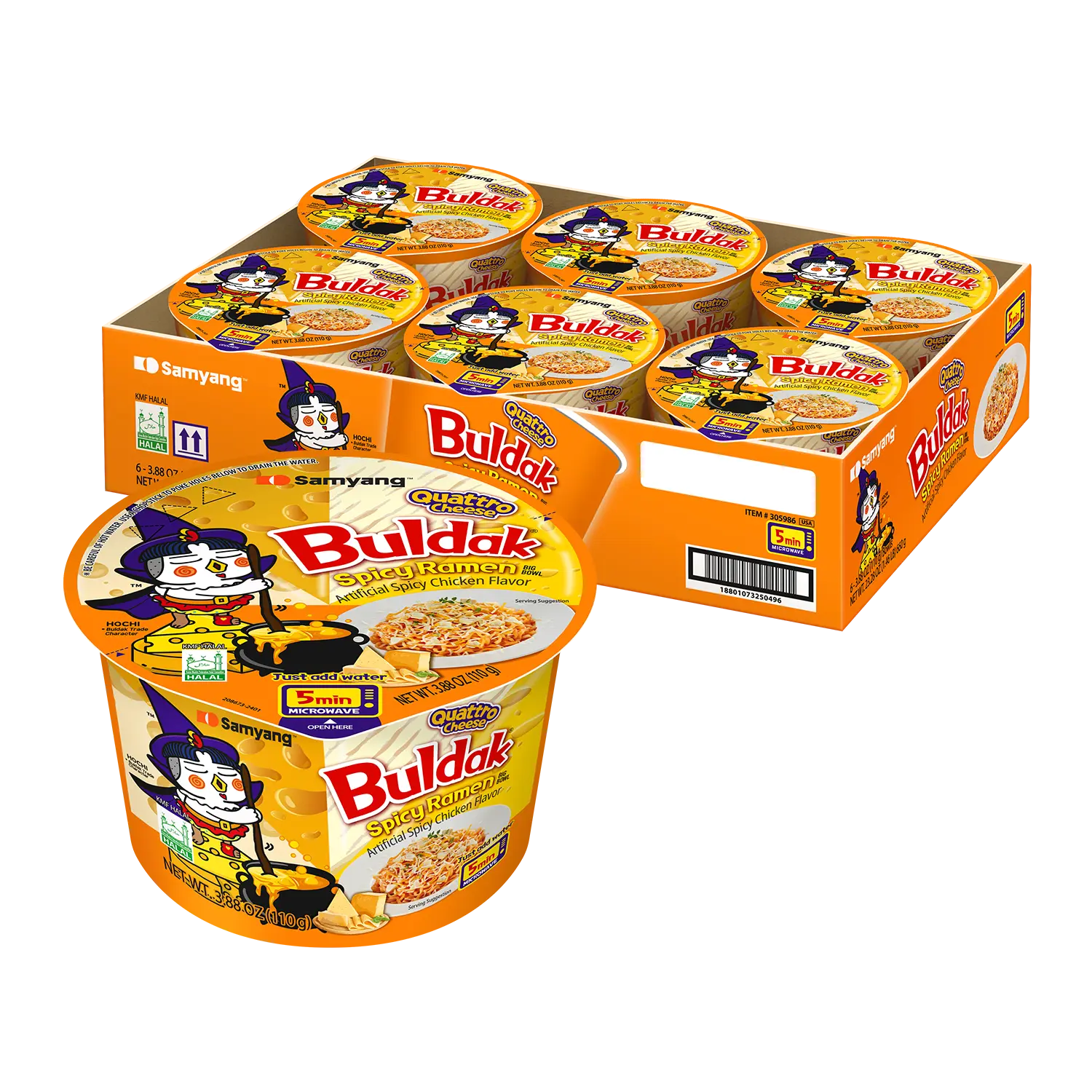 Buldak Pack of 6 Quattro Cheese Hot Chicken Spicy Flavor Korean Instant Ramen Noodle Big Bowl Easy Prep Convenient